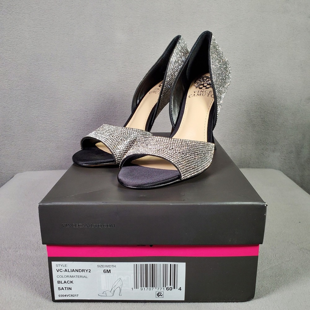 Vince Camuto Heels Women 6M Black Satin Rhinestone Aliandry2 Pump Evening NEW